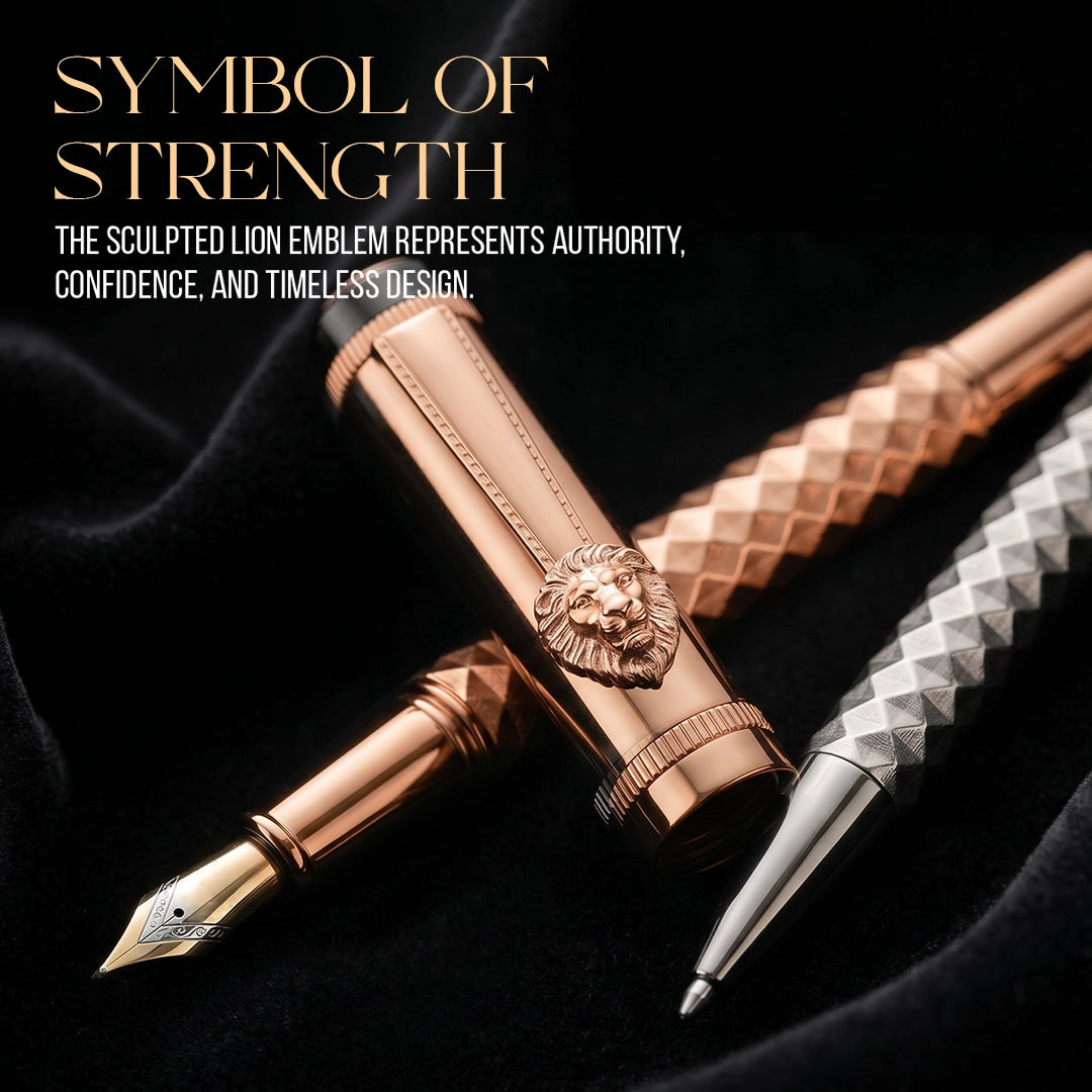 Royal Edition Lion Metal Roller & Fountain Pen Set - Gun Metal & Rose Gold