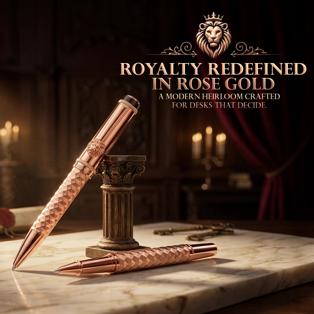 Royal Edition Lion Metal Roller, Ball, & Fountain Pen Set - Rose Gold