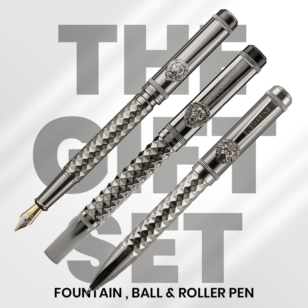 Royal Edition Lion Metal Roller, Ball, & Fountain Pen Set