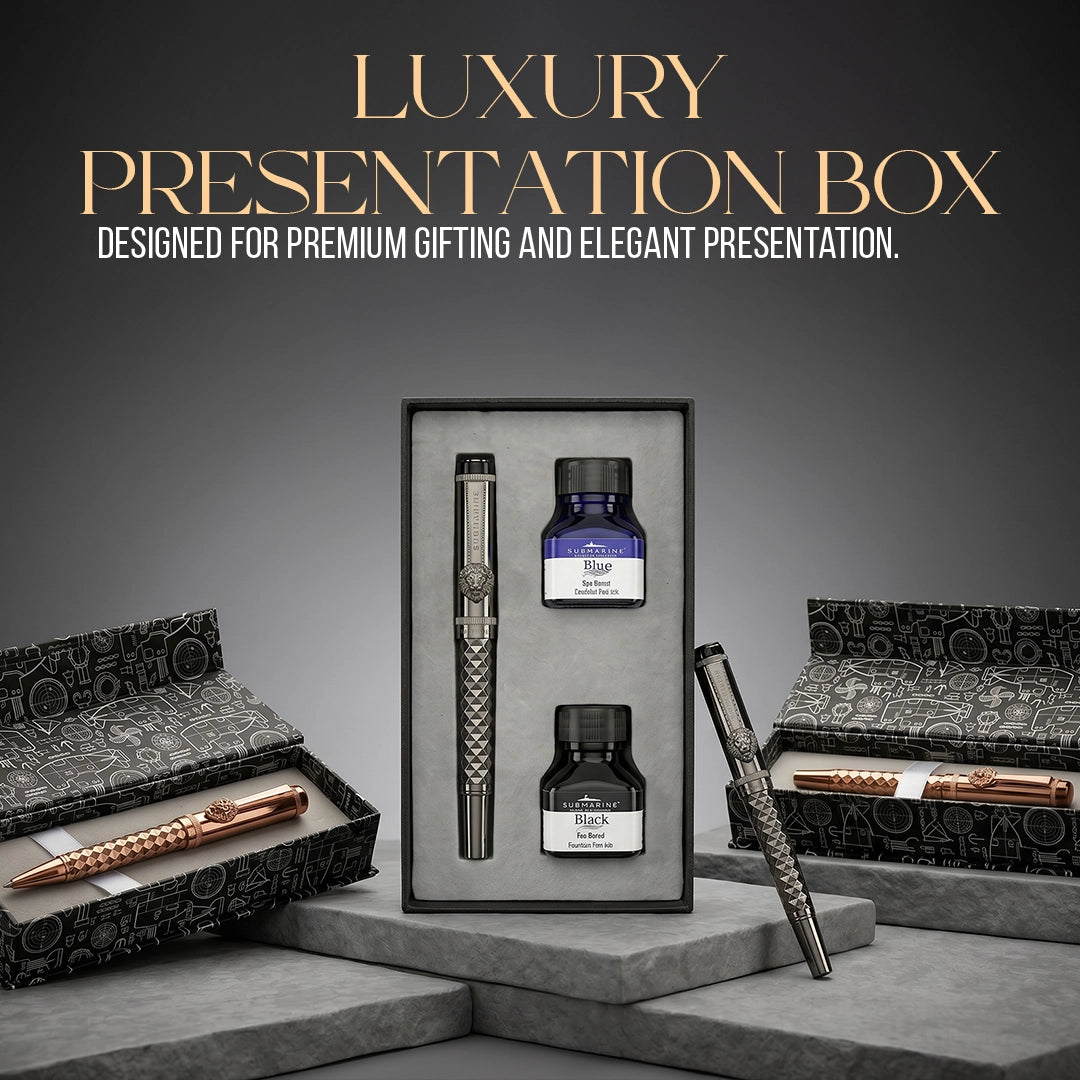 Royal Edition Lion Metal Roller & Fountain Pen Set - Gun Metal & Rose Gold
