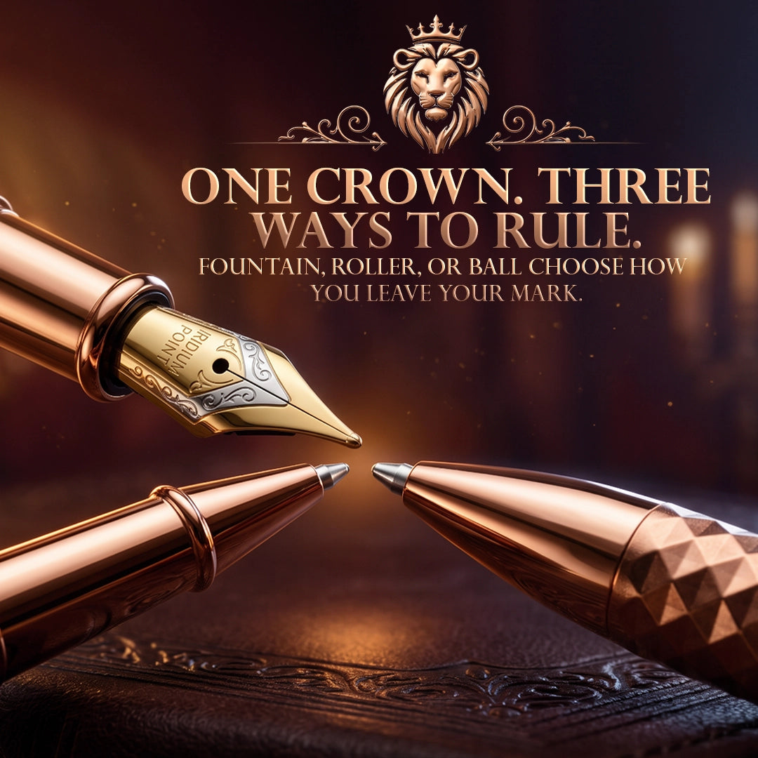 Royal Edition Lion Metal Roller, Ball, & Fountain Pen Set - Rose Gold