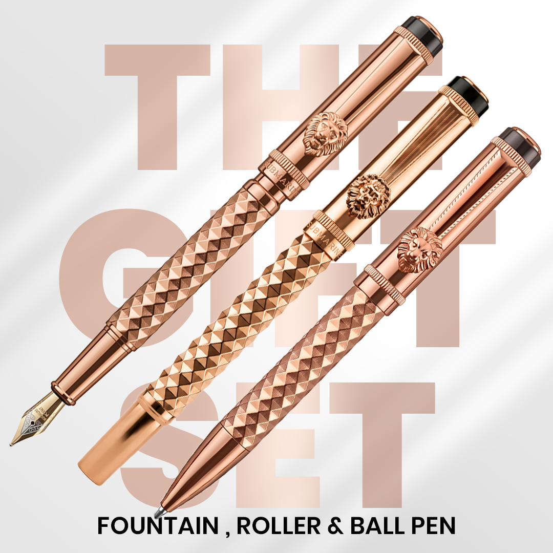 Royal Edition Lion Metal Roller, Ball, & Fountain Pen Set - Rose Gold