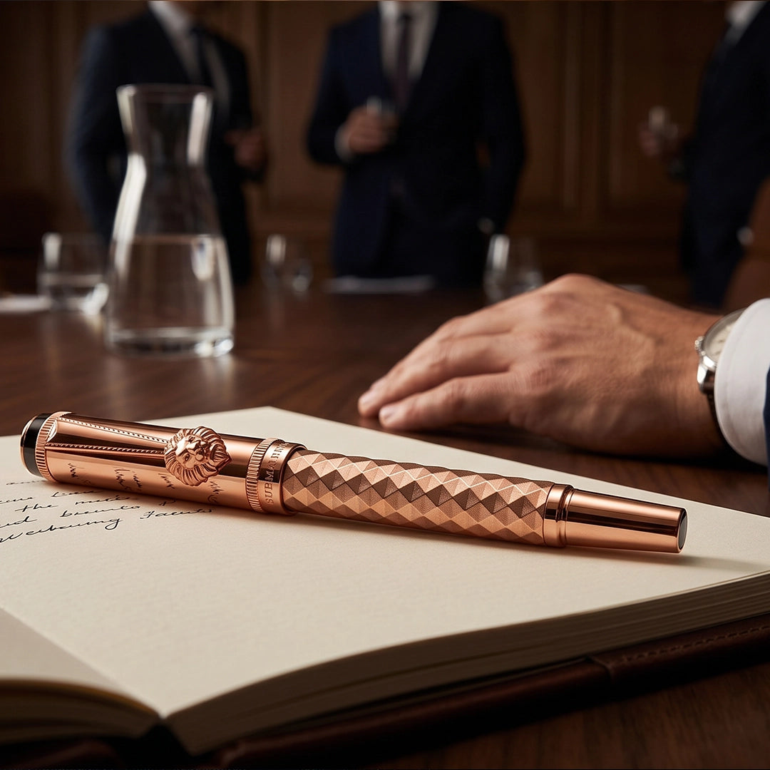 Royal Edition Lion Metal Roller, Ball, & Fountain Pen Set - Rose Gold