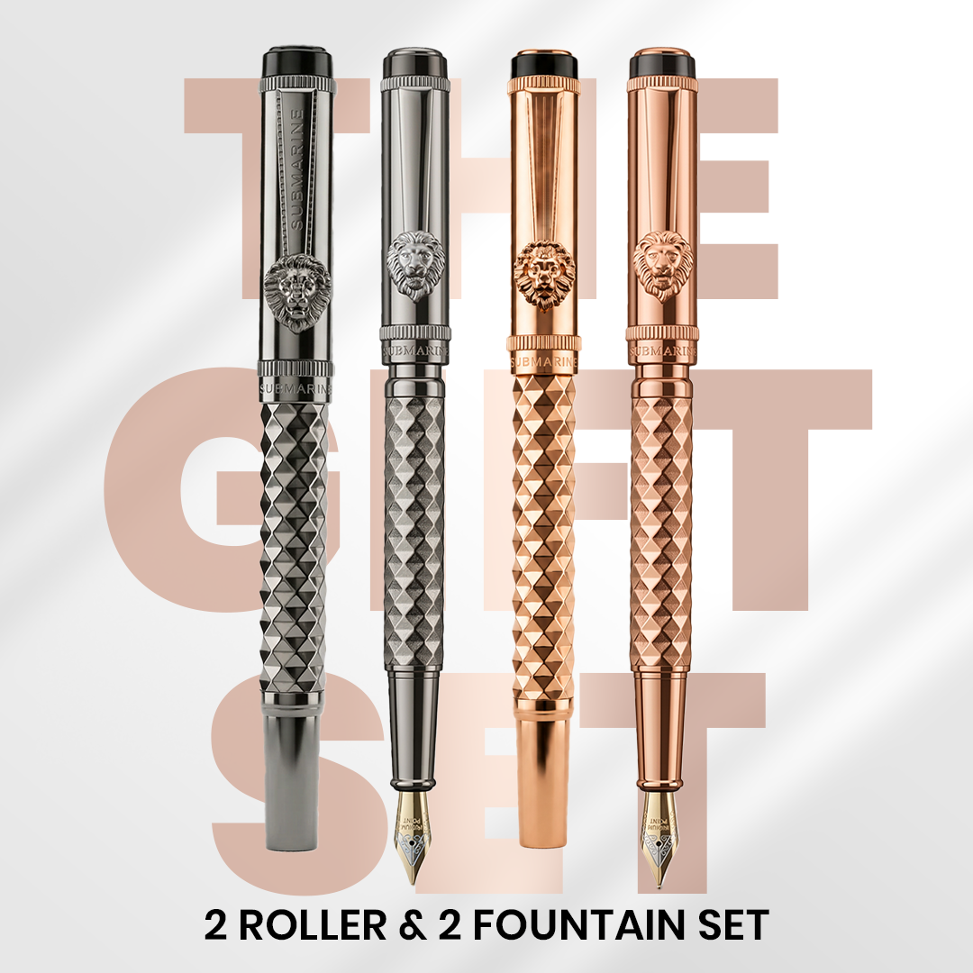 Royal Edition Lion Metal Roller & Fountain Pen Set - Gun Metal & Rose Gold