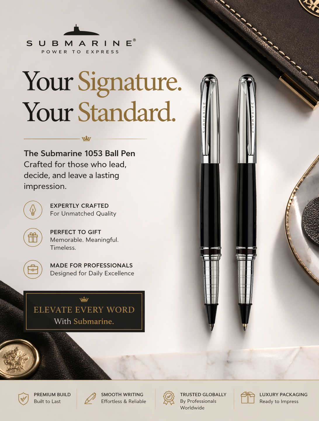 Grandeur Ball Pen | Chrome & Black Lacquer | Brass Body | Metal Jotter Refill