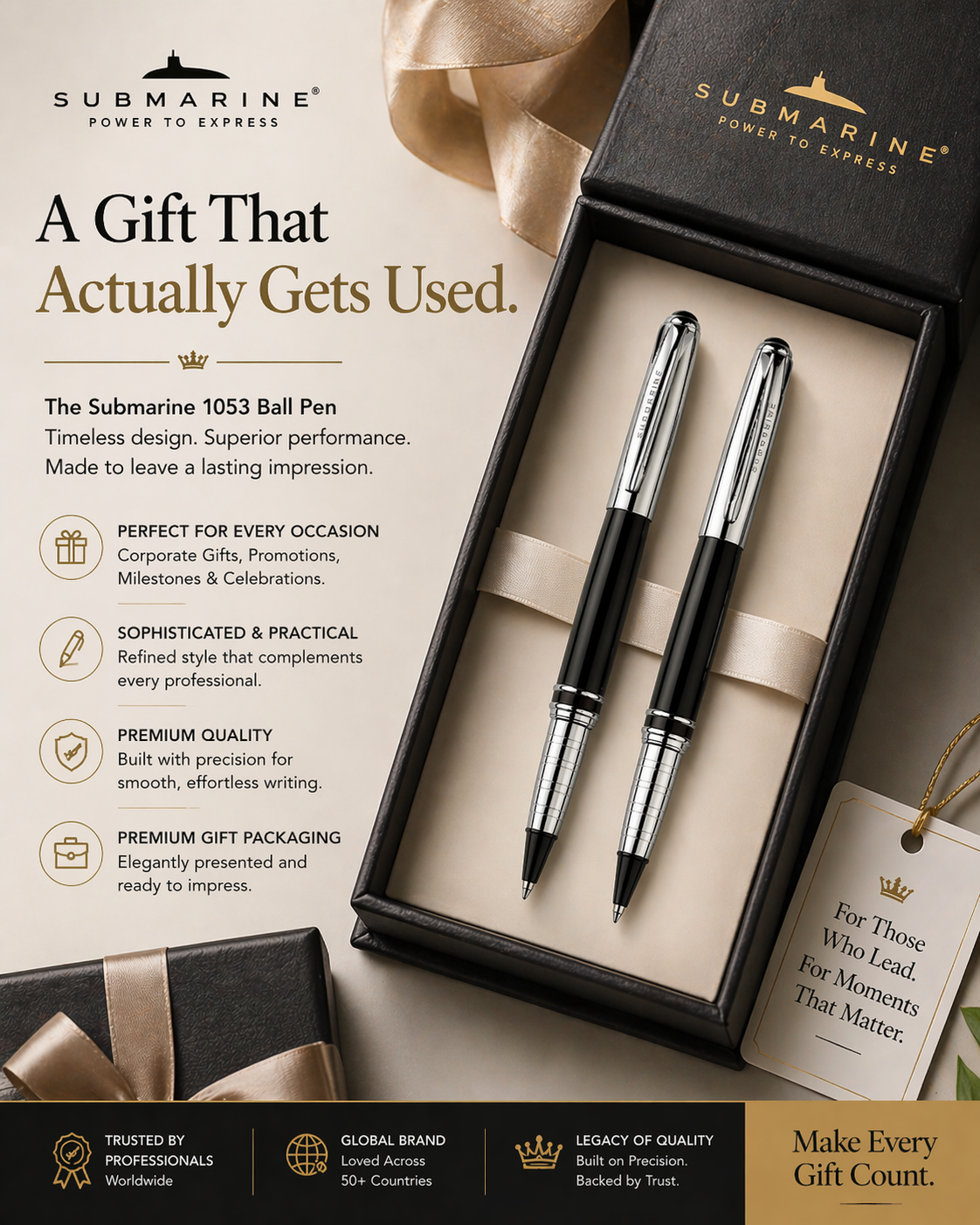 Grandeur Ball Pen | Chrome & Black Lacquer | Brass Body | Metal Jotter Refill