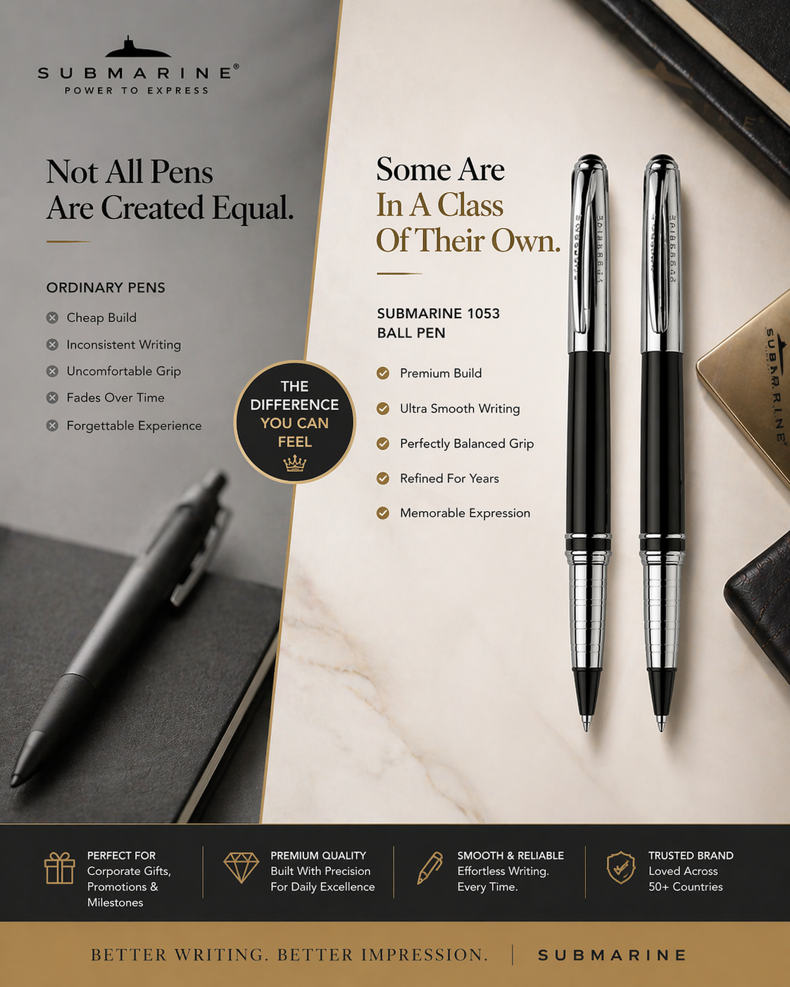 Grandeur Ball Pen | Chrome & Black Lacquer | Brass Body | Metal Jotter Refill