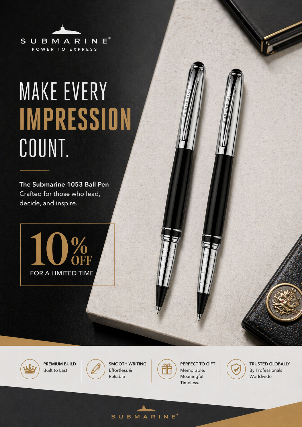 Grandeur Ball Pen | Chrome & Black Lacquer | Brass Body | Metal Jotter Refill