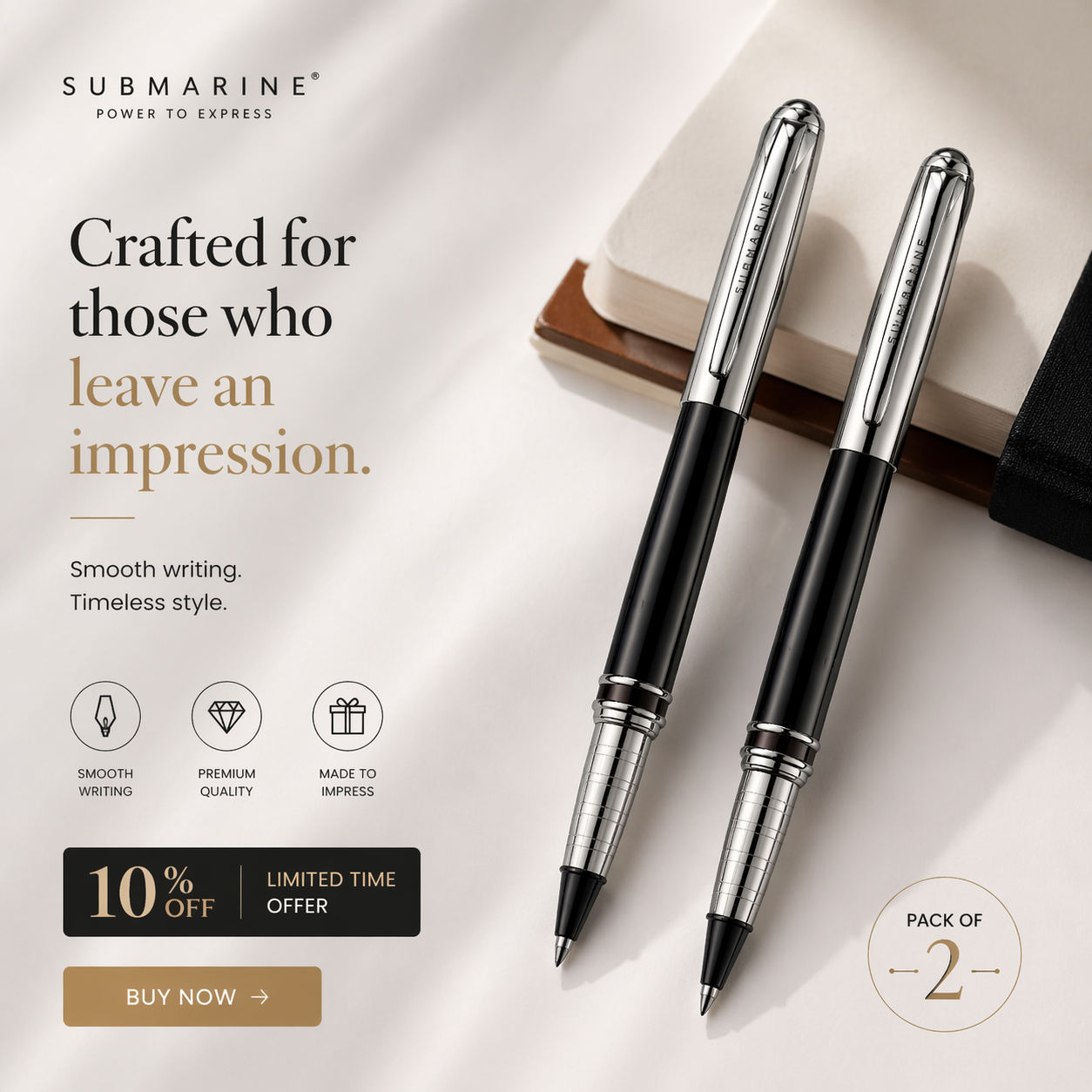 Grandeur Ball Pen | Chrome & Black Lacquer | Brass Body | Metal Jotter Refill