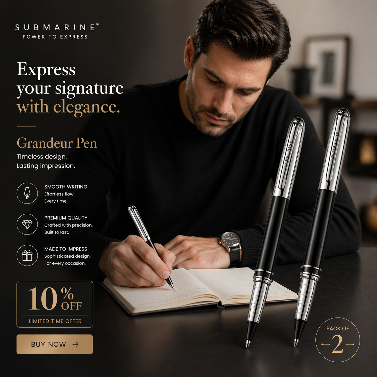 Grandeur Ball Pen | Chrome & Black Lacquer | Brass Body | Metal Jotter Refill