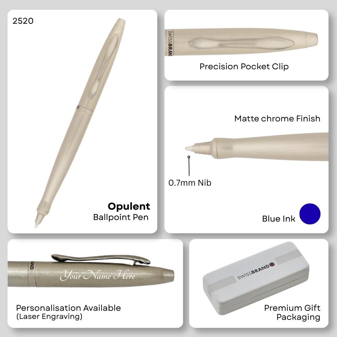SWISSBRAND Opulent 2520 Matte chrome Ballpoint Pen with chrome trim