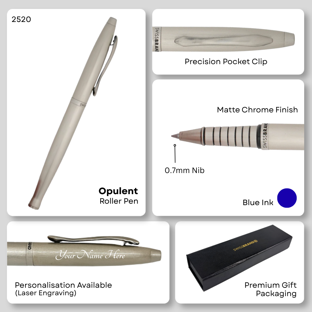 SWISSBRAND Opulent 2520 Matte chrome Rollerball Pen with chrome trim