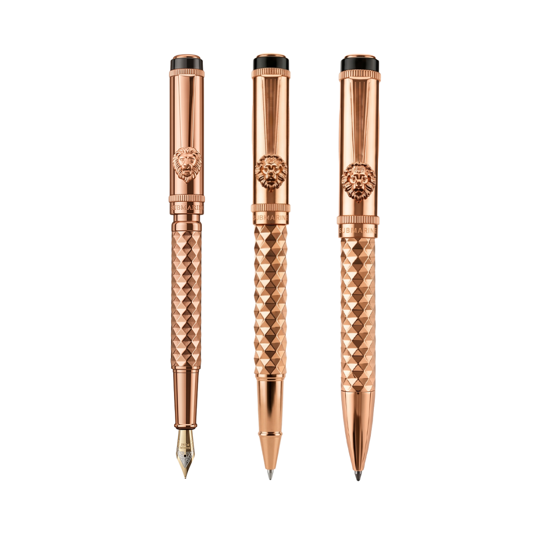 Royal Edition Lion Metal Roller, Ball, & Fountain Pen Set - Rose Gold
