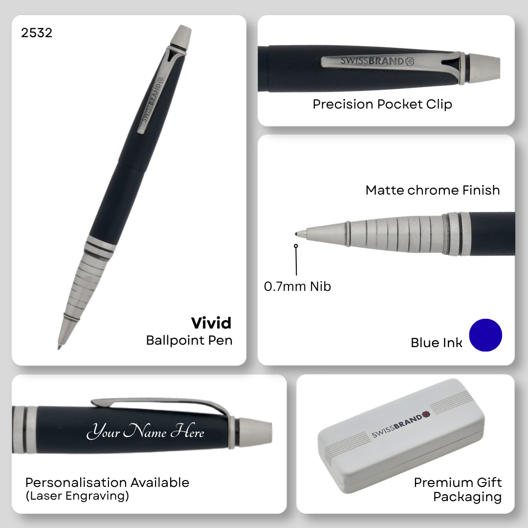 SWISSBRAND Vivid 2532 Matte black chrome Ballpoint Pen with chrome trim