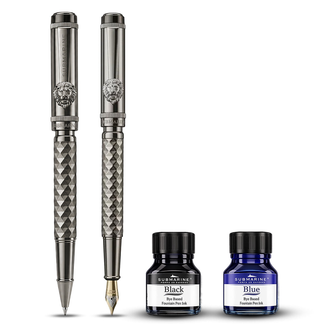 Royal Edition Lion Metal Roller & Fountain Pen Set - Gun Metal